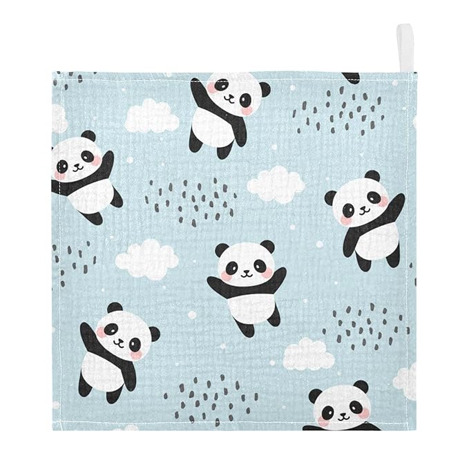 YETTASBIN Panda Muslin Baby Hand Washcloths, Soft Cotton Bath Face Towel, 4 Layers Extra Absorbent Feeding Burp Cloth for Newborn Infant, 5 Pack