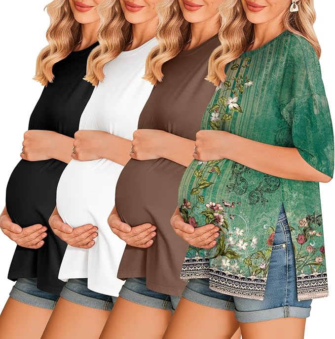 Ekouaer 4 Packs Women’s Maternity Shirts Short Sleeve Split Side Pregnancy Tee Tops Tunic Blouse Mama Clothes