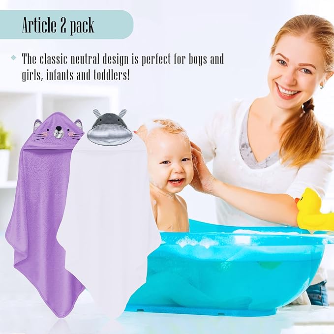 Cute Castle 2 Pack Hooded Baby Towel Rayon Made from Bamboo with 8 Washcloths - Soft Bath Towel for Bathtub for Babie, Newborn, Infant, Natural Baby Stuff Towel (Hippo and Cat)