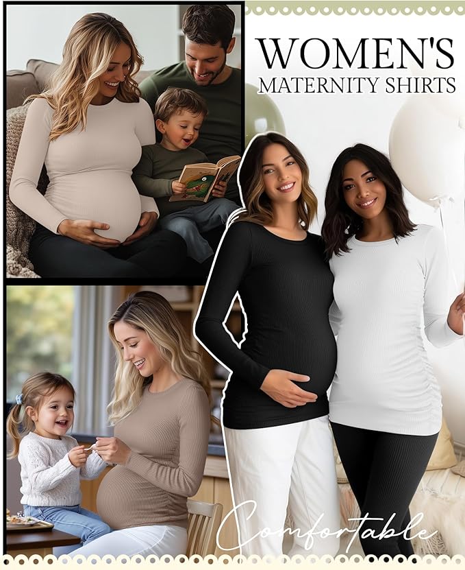 Ficerd 4 Pack Women's Maternity Shirts Cotton Long Sleeve Ribbed Crew Neck Pregnancy Tops Side Ruched Casual Mama Clothes