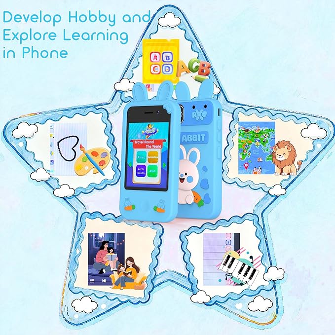 Kids Smart Phone Toy - Toddler Cell Phone 2.8" Touchscreen Dual Camera with 20 Puzzle Games, Safe No WiFi for Kids 3-6, Educational Play Phone, Durable for 5 Year Old Boys Girls (Blue)