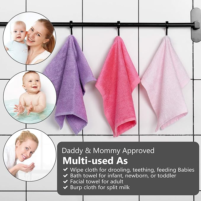 12 Pack Baby Girl Washcloths Bulk for Newborn, Extra Soft Face Bath Towel for Toddler, Absorbent Kids Wash Rag for Body, 70% Rayon Derived from Bamboo, 30% Cotton, 10"x10", Purple/Pink/Rose