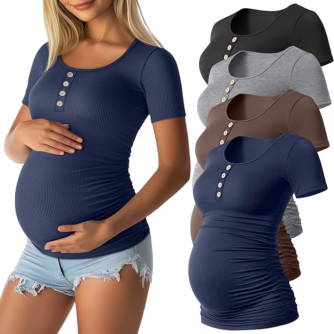 4 Pack Womens Maternity Shirts Scoop Neck Cotton Short Sleeve Ribbed Pregnancy Top Henley Side Ruched Mama Clothes