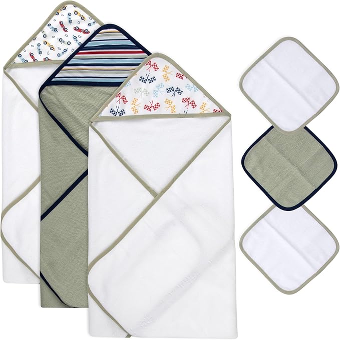 Baby Bath Essential Hooded Baby Bath Towel and Washcloth 6 Piece Set for Newborns, Infants & Toddlers, Boys & Girls Baby Hooded Towels Set (Racecars)