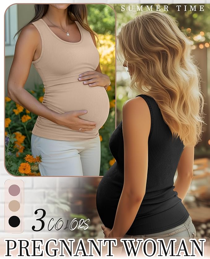 Riyiper 3 Pack Women's Maternity Tank Tops, Sleeveless Cotton Pregnancy Shirts Ribbed Knit Sides Ruched Basic Mama Clothes