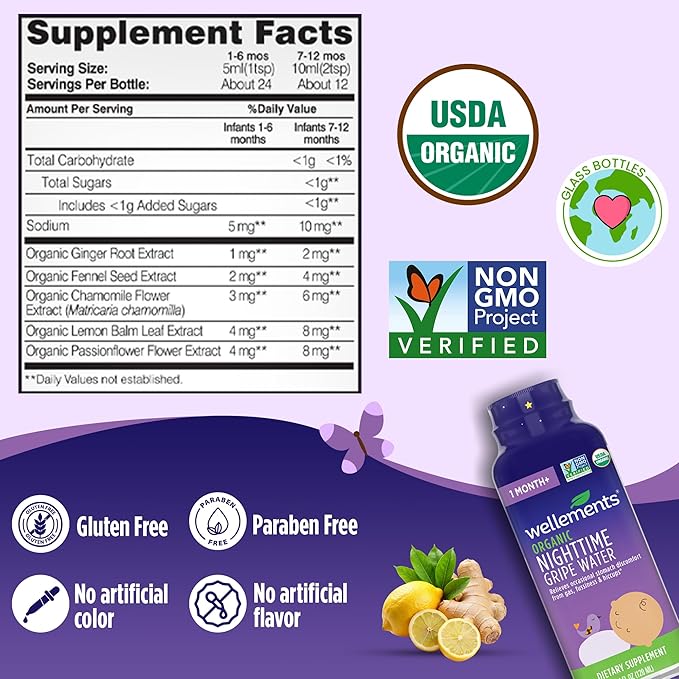 Wellements Organic Nighttime Gripe Water for Babies 1 Month+ (4 Fl Oz) - Baby Gripe Water for Bedtime Relief Gas, Colic & Fussiness - Herbs Promote a Peaceful Night’s Sleep - USDA Certified & Non GMO