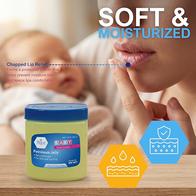 MED PRIDE Petroleum Jelly with Fresh Baby Scent, Baby Blue, 8 oz – Skin Protectant & Moisturizer for Dry Skin, Rashes, Minor Burns, Wounds, Chapped Lips, Dry Hands & Diaper Rash