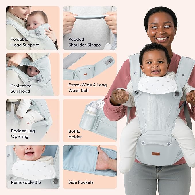 BabbleRoo Grow Carrier – Safety-Certified 6-in-1 Toddler & Baby Carrier with Hip Seat, Ergonomic & Adjustable Toddler Carrier 7-50 lbs with Hip Support, Hood for Sun Protection, Newborn to Toddler