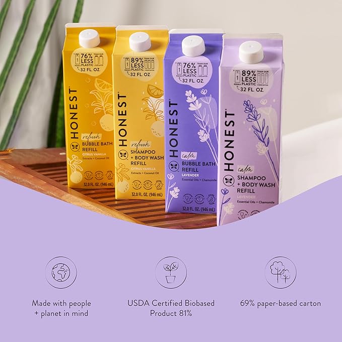 The Honest Company 2-in-1 Cleansing Shampoo Body Wash Refill Carton Gentle for Baby, Naturally Derived, Tear-free, Hypoallergenic, Lavender Calm, 32 fl oz