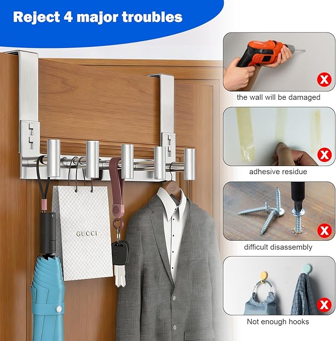 PMMASTO Over The Door Hooks, Door Hanger Hook for Hanging, Coat Rack Organizer for Bathroom, Towel Holder Bathroom Accessories (Silver 5 T-Hooks-Fits 1-3/4" Thick Door)