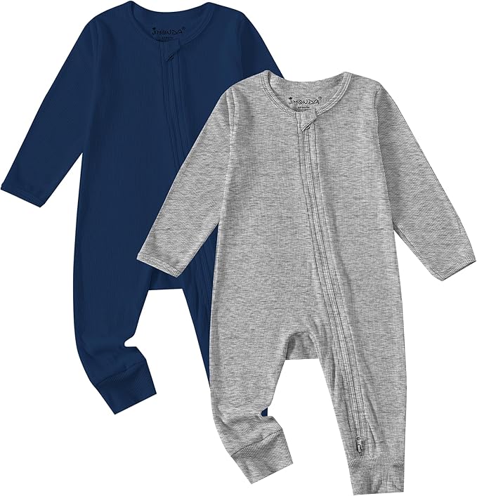Jimonda Ribbed Rayon From Bamboo Baby Boys/Girls Sleepers, 2-Way Zipper Long Sleeve Footless Pajamas With Mittens Soft Pjs