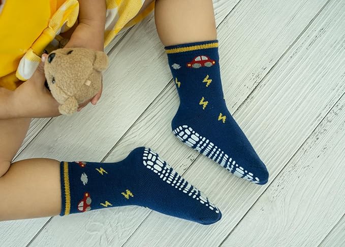 RATIVE Non Skid Anti Slip Crew Socks With Grips for Baby Infant Toddlers Kids Boys
