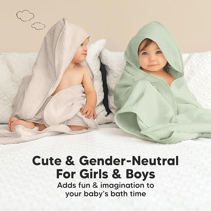 KeaBabies Muslin Hooded Baby Towels for Newborn Girls, Boys - 2-Pack, 35x35 Organic Cotton Baby Bath Towels Hooded, Soft Absorbent, Toddlers, Kids, Infant, Newborn Bath Essentials (Sage, Regular)