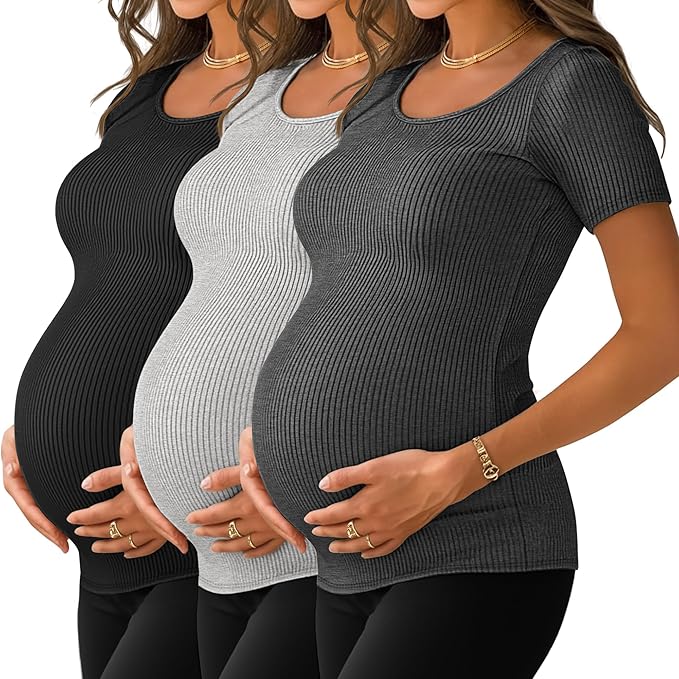 Neer 3 Pack Women's Ribbed Maternity Tops Pregnancy Round Neck Shirts Short Sleeve Soft Maternity Clothes for Mama