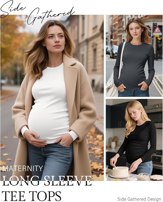 Ficerd 4 Pack Women's Maternity Shirts Cotton Long Sleeve Ribbed Crew Neck Pregnancy Tops Side Ruched Casual Mama Clothes