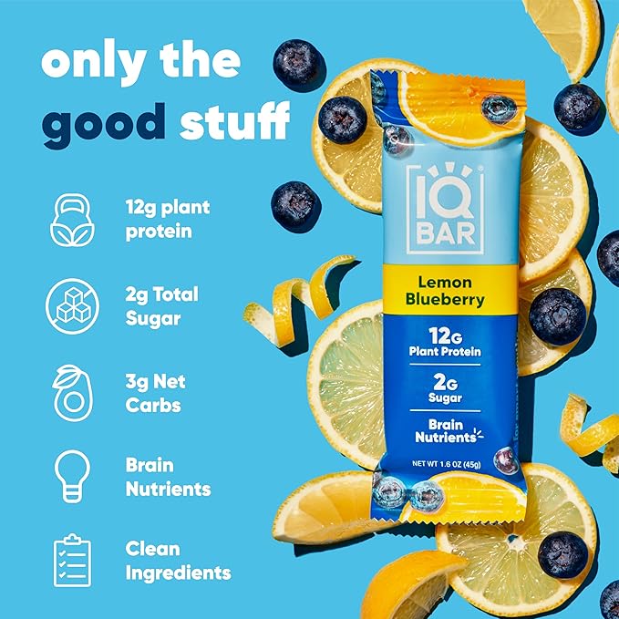 IQBAR Brain and Body Clean Plant Protein Bars - Lemon Blueberry - 24 Bars - Keto, Vegan, High Fiber, Gluten and Dairy Free, Low Sugar Snack with Nutrients for Focus, Energy, Meal Replacement
