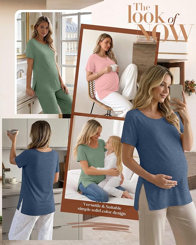 3 Pack Women's Maternity Shirts Short Sleeve Round Neck Side Split Pregnancy Tops Loose Summer Casual Mama Clothes