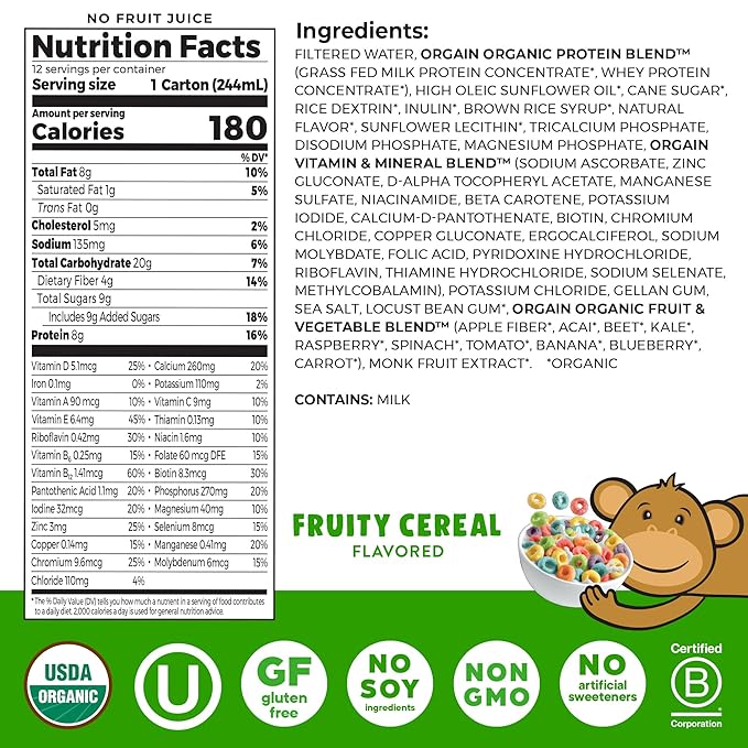Orgain Organic Kids Nutritional Protein Shake, Fruity Cereal - Kids Snacks with 8g Dairy Protein, 22 Vitamins & Minerals, Fruits & Vegetables, Gluten Free, Soy Free, Non-GMO, 8.25 Fl Oz, (Pack of 24)