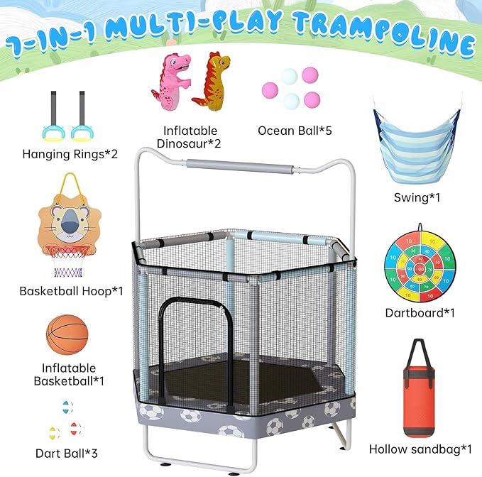 LAMERGE 55" 7-in-1 Round Trampoline for Kids Boys & Girls Ages 1-8, Indoor & Outdoor Trampoline for Fun, Adjustable Height Handrail ＆ Enclosed Safety Net ＆ Durable Designs for Toddlers Children