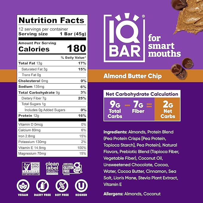 IQBAR Brain and Body Clean Plant Protein Bars - Almond Butter Chip - 36 Bars - Keto, Vegan, High Fiber, Gluten and Dairy Free, Low Sugar Snack with Nutrients for Focus, Energy, Meal Replacement