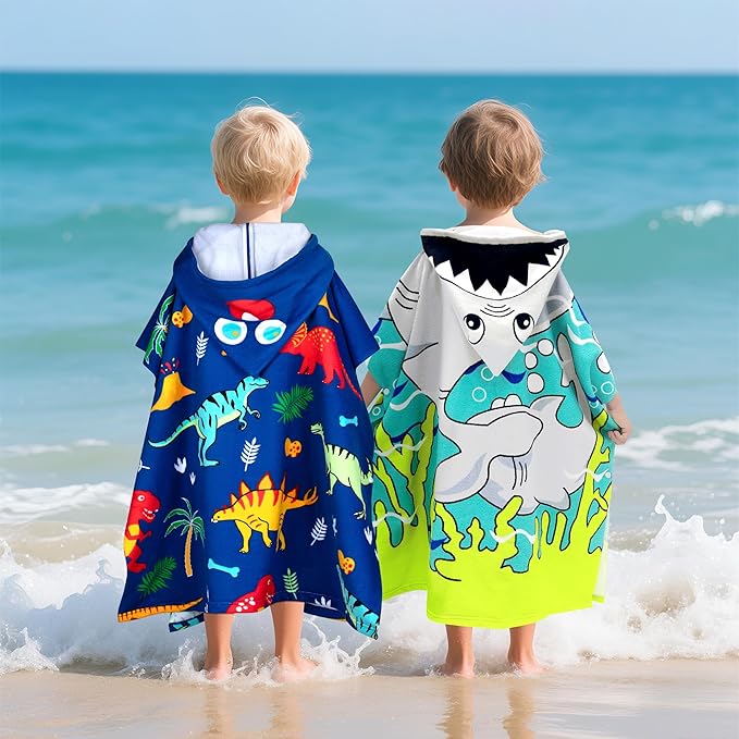 Hooded Kids Beach Towels - Toddler Bath Towel Girls Boys Swim Cover-ups for Ages 4 to 10 Kids Pool Towels Quick Dry Lightweight Soft Microfiber Poncho 30x30 with Bag (Dinosaur Blue)