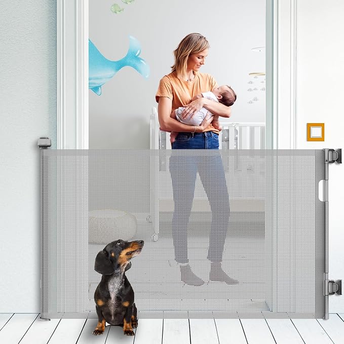 Retractable Baby Gate, Mesh Baby Gate or Mesh Dog Gate, 33" Tall, Extends up to 71" Wide, Child Safety Gate for Doorways, Stairs, Hallways, Indoor/Outdoor(Grey, 86cmx180cm)
