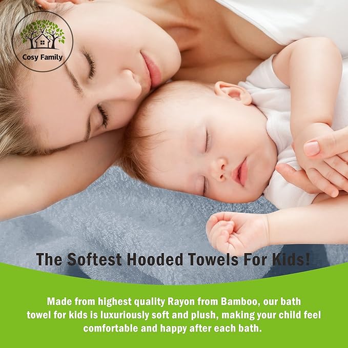 Cosy Family 3 Pack Baby Hooded Towels, Rayon Made from Bamboo, Ultra Soft Unisex Bath Towels for Babies,Toddler,Infant - Newborn Essential - Ultra Absorbent Toddler Towels for Baby Boy Girl - Grey