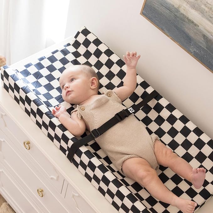 Tiny Twinkle Diaper Changing Pad for Dresser & Nursery Table – Waterproof, Wipeable & Mess-Proof Baby Changing Pad with Safety Strap, Non-Slip Base & Removable Washable Cover(Black Checkers)