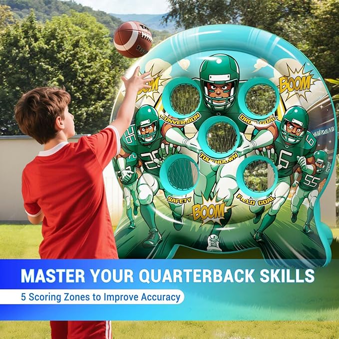 6Ft Inflatable Football Target Toss Game - Giant Outdoor Carnival Party Games for Backyard & Tailgate - Arcade Sports Toy with Electric Pump - 4 Easy-Grip Balls Gifts for Boys 3 4 5 6 7 8-12 Year Old