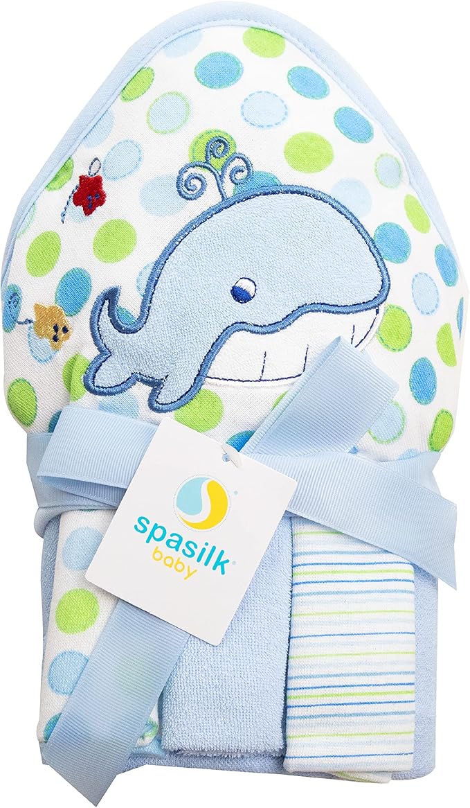 Spasilk Baby Bath Hooded Terry Towel with 3 Washcloths, Baby Bath Essentials, One Size, Blue Whale