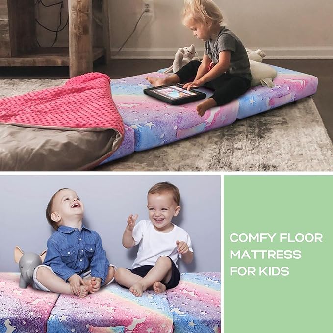 MeMoreCool Glow Rainbow Unicorn Foldable Floor Mattress for Kids, Trifold Nap Mat for Toddlers, Portable Daycare Sleeping Futon or Floor Bed, 75x25 Inch