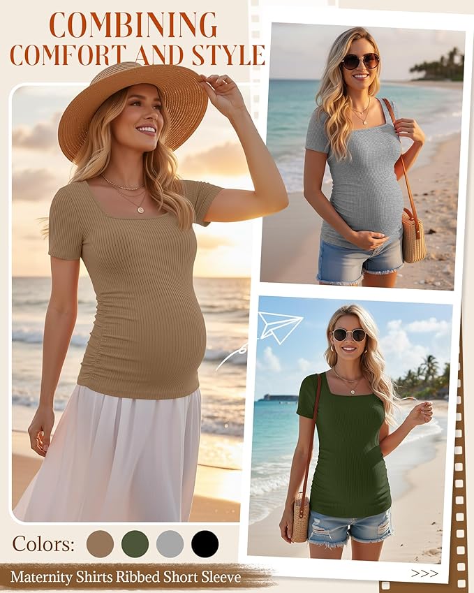 Huukeay 4 Pack Women's Maternity Shirts Cotton Ribbed Short Sleeve Square Neck Pregnancy Tops Side Ruched Summer Tee