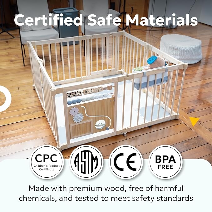 Miotetto Baby Playpen, Wooden Playpen for Babies and Toddlers, Foldable Fence with Montessori Activity Panel, Storage Basket & Gate, Portable, Easy to Assemble Baby Play Pen Natural Wood Playyard