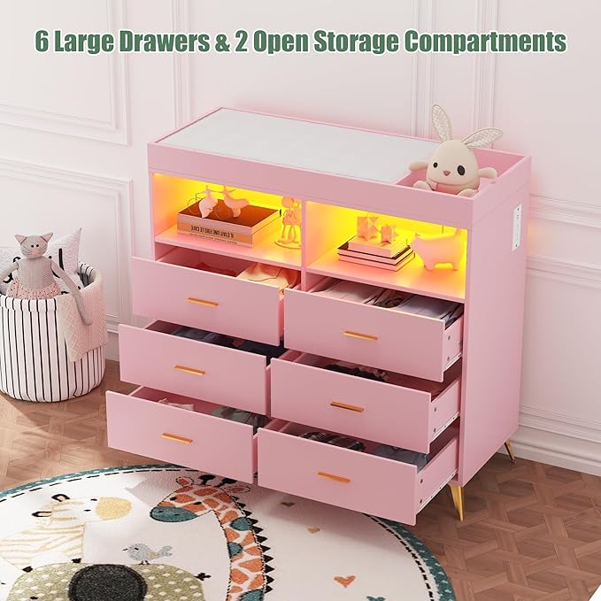 Baby Changing Table Dresser with 6 Drawers, Baby Nursery Dresser, LED Lights & Charging Station – Multifunctional Nursery Dresser with Removable Changing Top, Anti-Tip Design, Pink