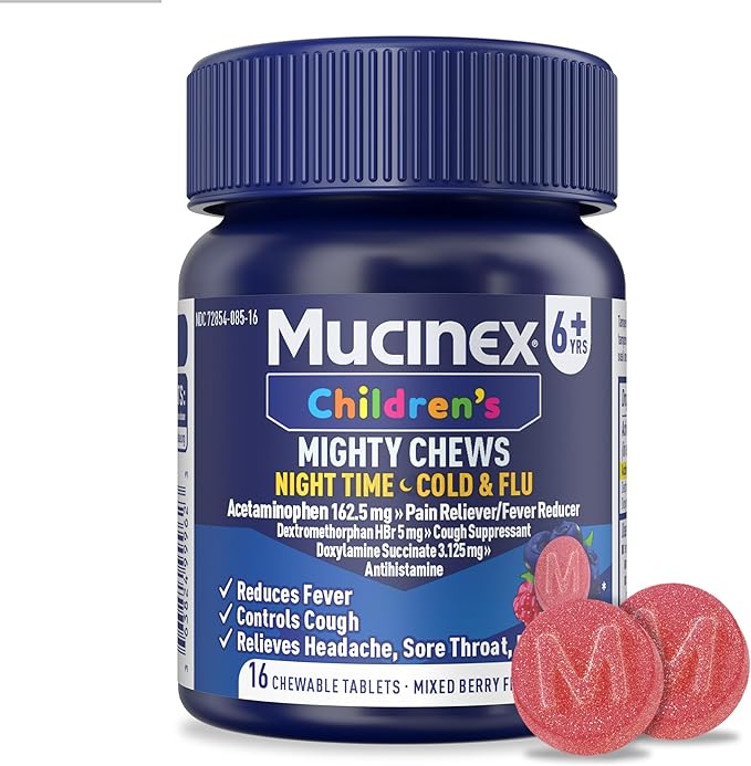 Mucinex Children's Mighty Chews Nighttime Cold and Flu Medicine, Children's Acetaminophen, Dextromethorphan, & Doxylamine Succinate, Kids Cough Medicine, Ages 6+, 16 Medicated Chewable Tablets