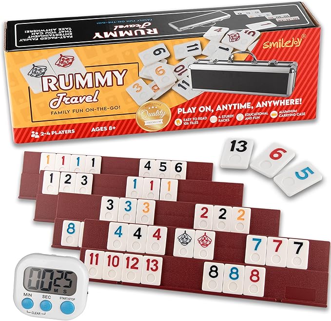 Smilejoy Rummy Cube Game Four Players Edition, Deluxe 106 Tiles Rummy Cube with Portable Aluminum Box, Classic Board Game for Children and Adults,4 Durable Plastic Trays,Timing(2-4 palyers)