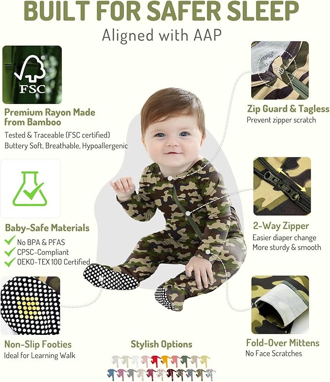 HAPIU Rayon from Bamboo Baby Footed Pajamas, 2 Way Premium Zipper, Footie for Baby Boy Girls, Newborn-24 Months