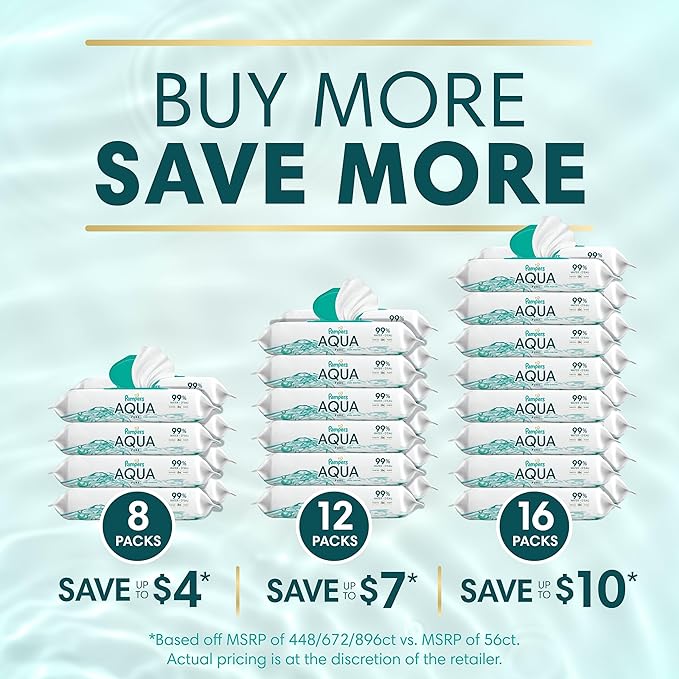 Pampers Aqua Pure Baby Wipes, 99% Water, Fragrance Free, 448 Baby Wipes Total (8X Flip-Top Packs) [Packaging May Vary]