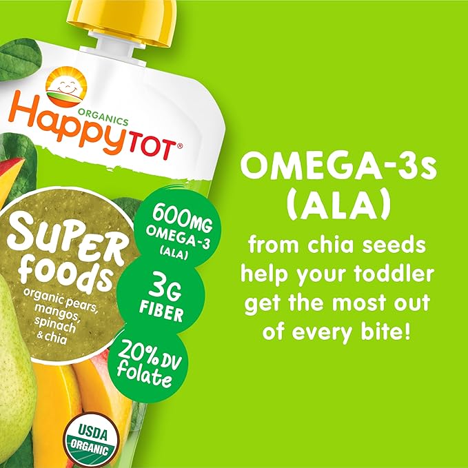 HAPPYTOT Organics Stage 4 Baby Food Pouches, Gluten Free, Vegan Snack, SuperFoods Fruit & Veggie Puree & Chia Variety Pack, 4.22 Ounce (Pack of 16), Amazon Exclusive