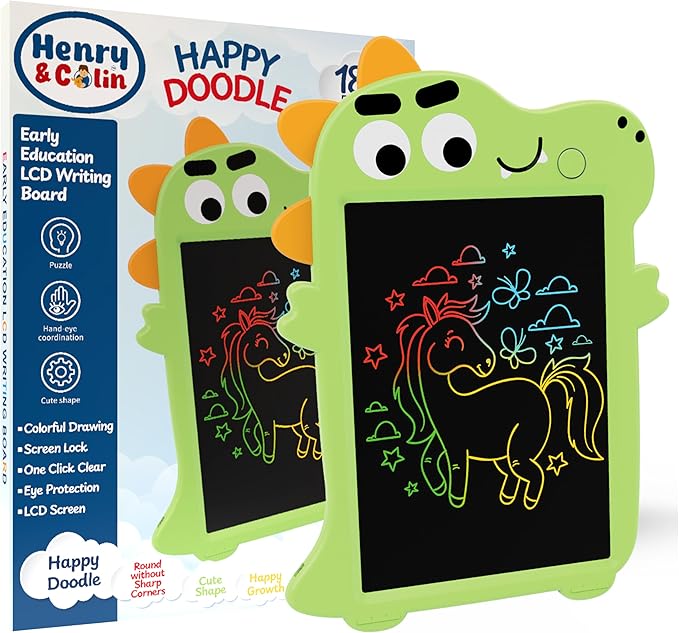 Henry & Colin Dinosaur-Themed LCD Writing Tablet for Kids – Reusable, Travel-Friendly Drawing Pad for Boys & Girls Ages 3 & Up. Perfect for Creativity, Fun, Learning, and Education (Green)