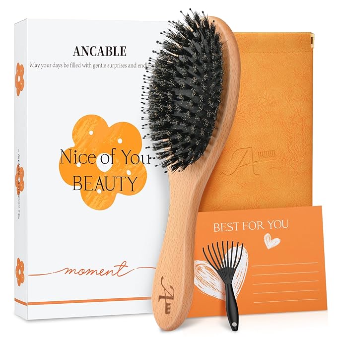 Boar Bristle Hair Brush Gift Set for Women & Men, 100% Natural Bristle & Nylon, Reduces Frizz & Static, Gentle Detangling for All Hair Types Thick Thin Curly Straight, Large Size