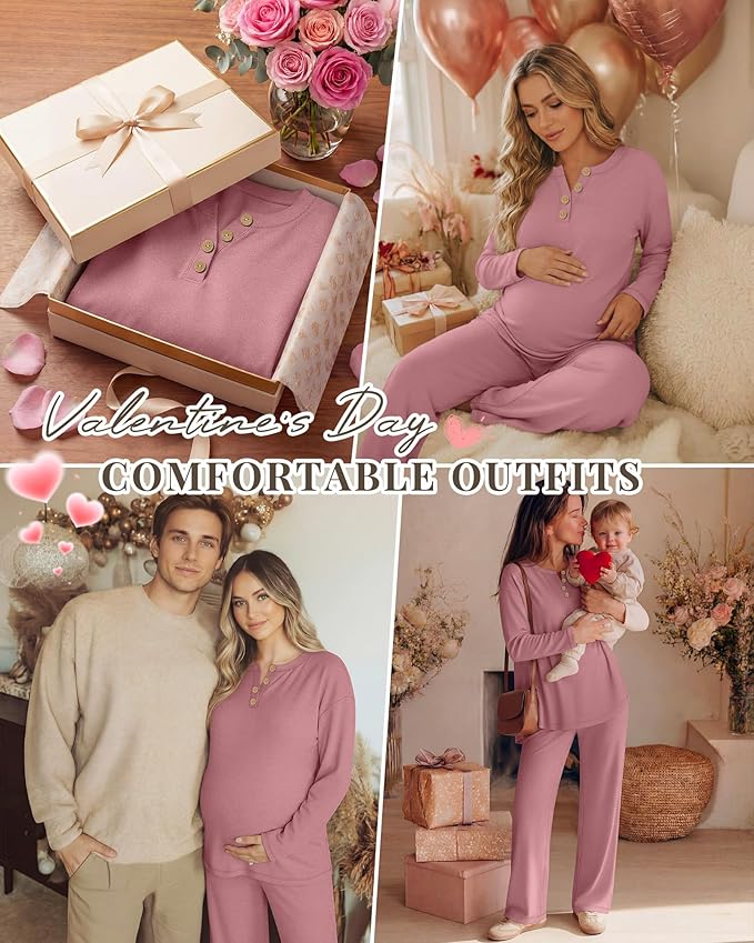 2 Piece Thermal Maternity Lounge Set Postpartum Pregnancy Fleece Loungewear Long Sleeve Top and Wide Leg Pant