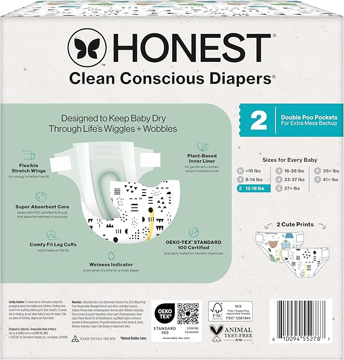 The Honest Company Comfort Dry Disposable Diapers for Sensitive Skin, Hypoallergenic, Fragrance-Free, Turtle Time + Pattern Play, Club Box Size 2 (12-18 lbs), 72 Count