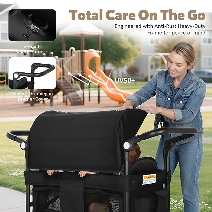 Wagon Stroller for 2 Kids, All-Terrain Stroller Wagon, Foldable Kids Wagon Cart Featuring with Harnesses, Adjustable Double Push Handle, Removable Canopy, Snack Tray, Large Storage Bag, Black
