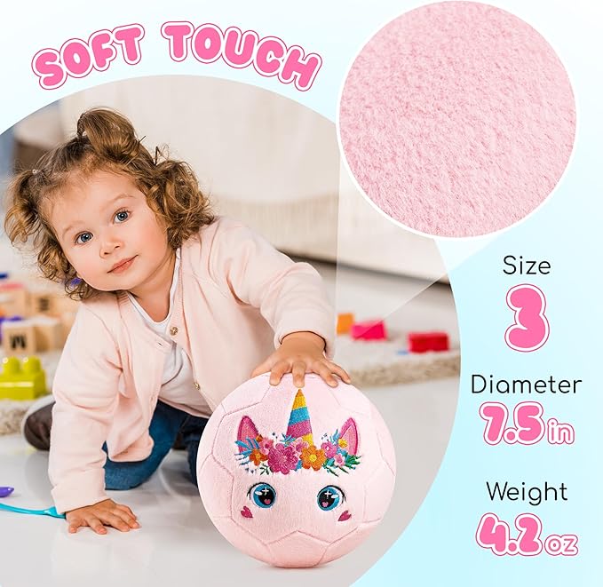 ZOOJOY Soft Balls for Toddlers 1-3, Silent Indoor Soccer Ball Size 3, Plush Inflatable House Ball for Kids 3-5, Kickball Toys First Birthday Gifts for Baby Boys Girls, Pink Unicorn, Pump Include