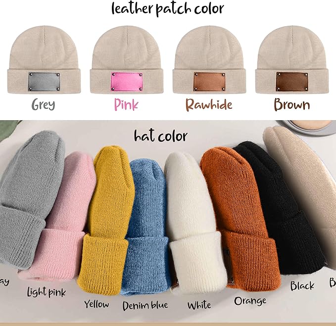 Personalized Name Baby Beanie Hat Leather Patch - Apricot Beanies Knit Hat Birthday Gifts for Kids Toddler to Adults