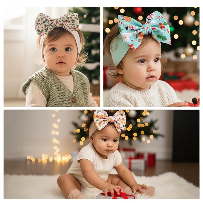 Christmas Baby Headbands 3 Pcs Nylon Headbands with Bows for Baby Girl Hair Accessories for Newborns, Infants, Toddlers Christmas Outfit
