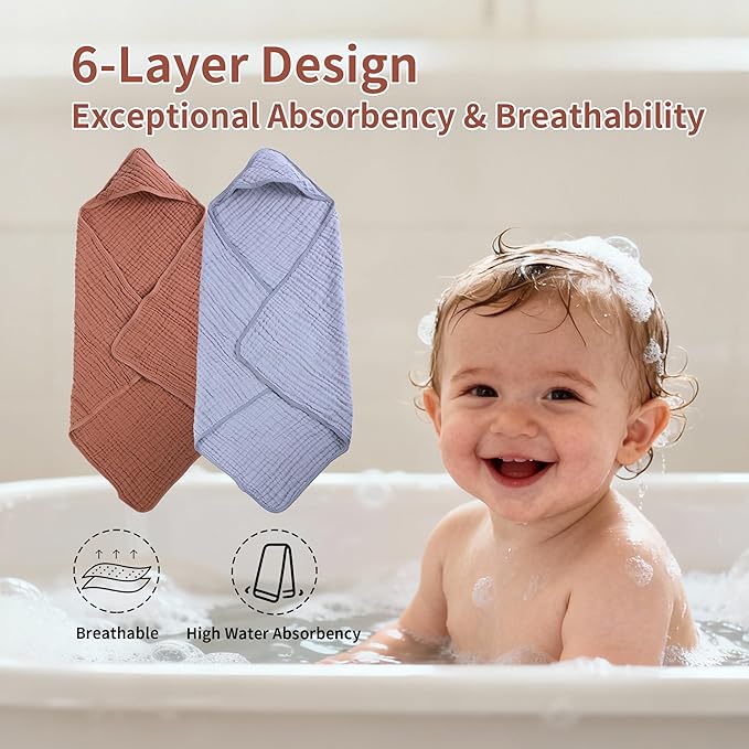 Newborn Hooded Towels 2-Pack, 100% Cotton Plain Weave Muslin Baby Bath Towels, Soft & Absorbent, 32x32 Inches (Sand Red + Milan)