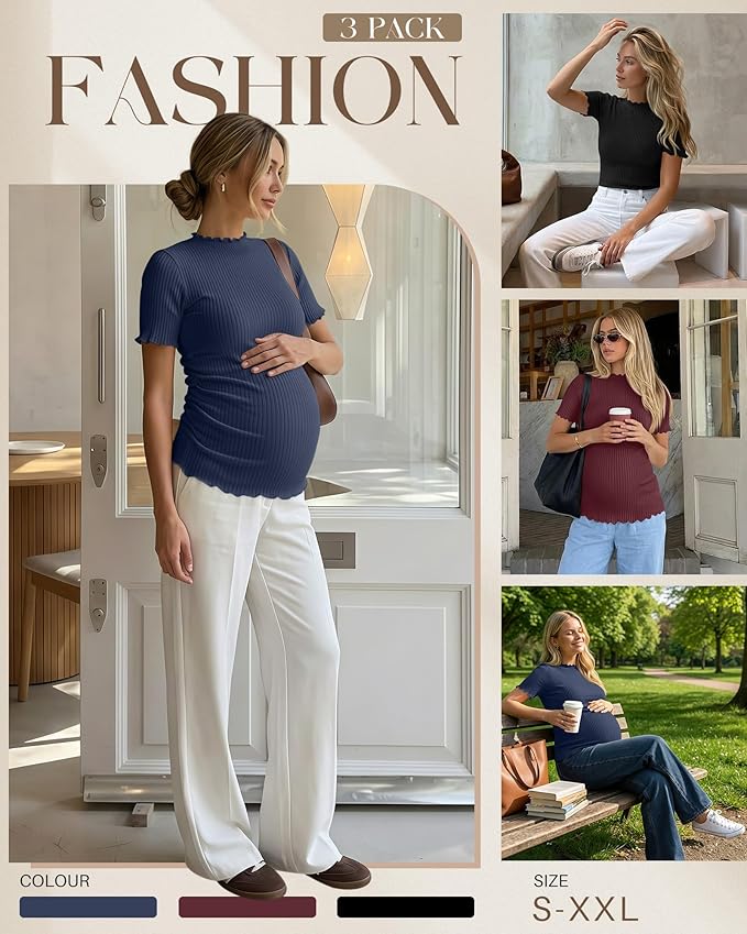 3 Pack Women's Maternity Tops Short Sleeve Ribbed Knit Maternity Shirts Crew Neck Side Ruched Pregnancy Clothes