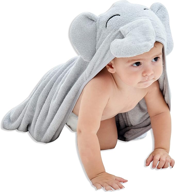 HIPHOP PANDA Hooded Towel - Rayon Made from Bamboo, Bath Towel with Bear Ears for Newborn, Babie, Toddler, Infant - Absorbent Large Baby Towel - Grey Elephant, 30 x 40 Inch
